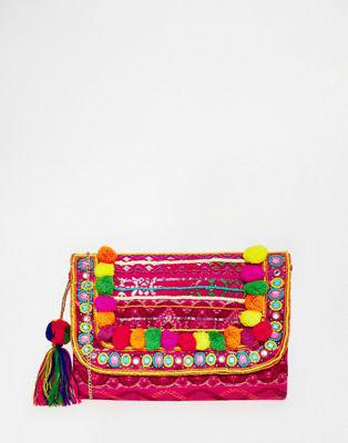 Glamorous - Pochette A Battente Con Pompon Decorativi