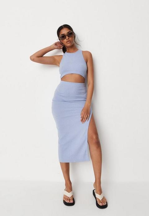 Blue Rib Racer Crop Top And Skirt Co Ord Set, Blue