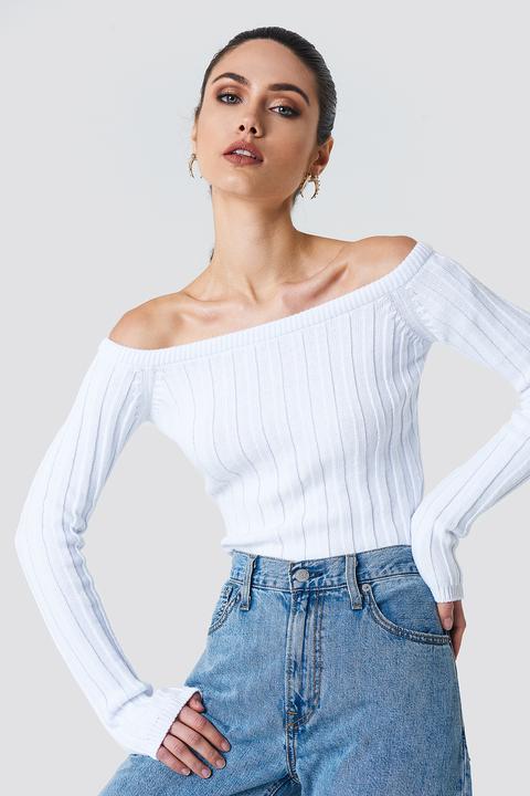 Na-kd Cropped Off Shoulder Knitted Sweater - White