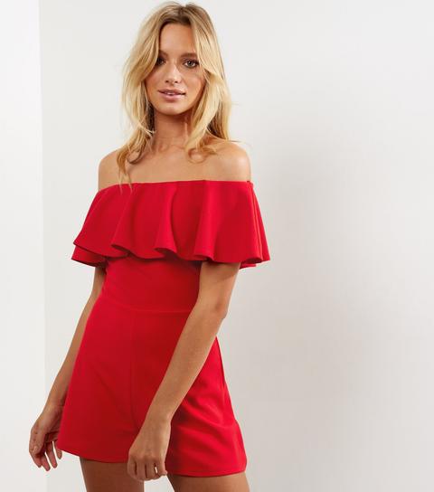 Red Frill Trim Bardot Neck Playsuit