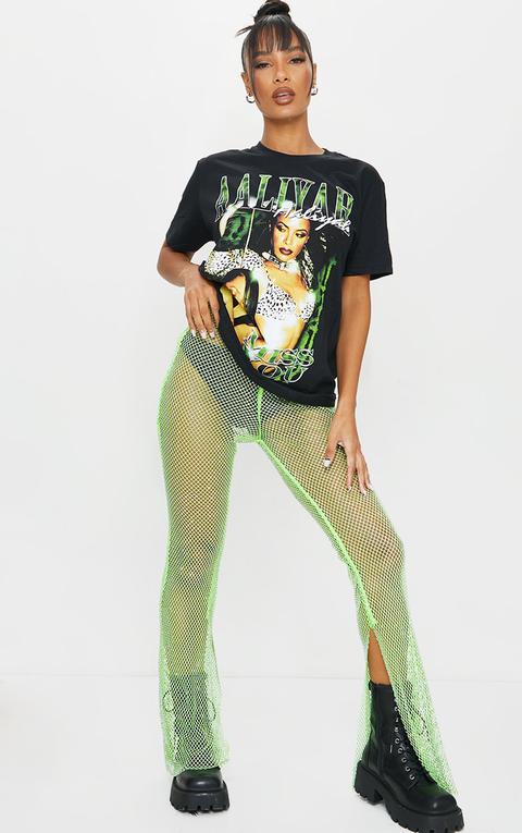 Lime Diamante Fishnet Split Hem Trousers