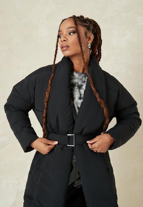 Tall Black Shawl Collar Belted Puffer Coat, Black