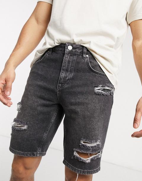 Pantalones Vaqueros Cortos Rígidos Y De Corte Slim En Negro Desgastado Con Roturas De Asos Design