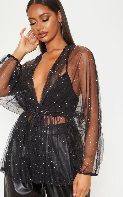 Chemise En Mesh Noire À Strass Et Taille Froncée, Noir