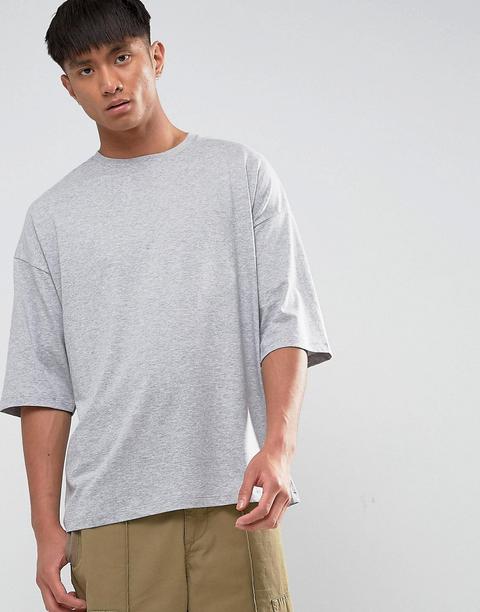 Asos Oversized T-shirt With Neck Detail In Grey - Grey Marl