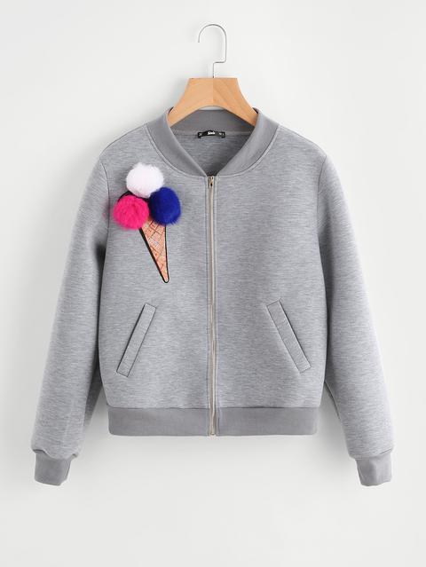 Pom Pom Sequin Ice Cream Patch Heather Knit Jacket