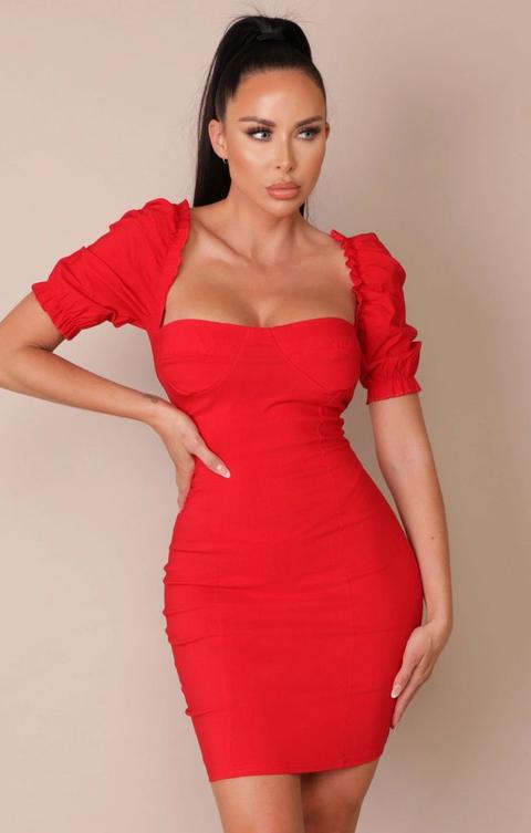 Red Puff Sleeve Bodycon Mini Dress - Mae