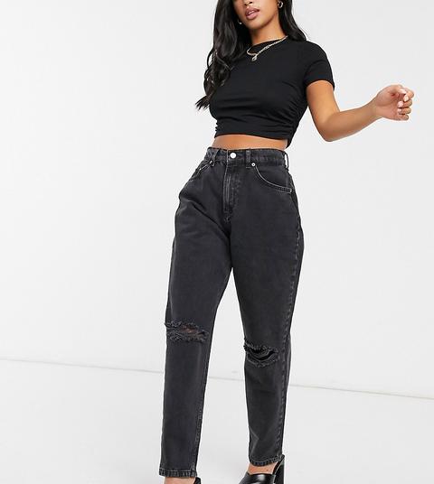 Asos Design Petite High Rise 'slouchy' Mom Jeans In Washed Black With Rips