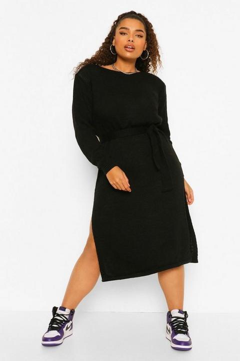 Womens Plus Shoulder Pad Knitted Jumper Dress - Black - 20-22, Black
