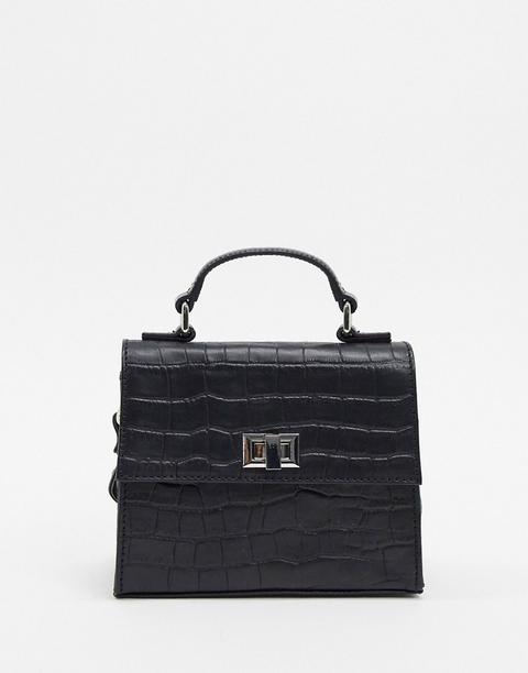 Asos Design Leather Cross Body Croc Mini Satchel Bag-black