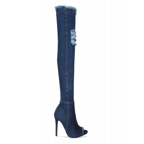 Rihanne Dark Denim Peep Toe Thigh High Boots