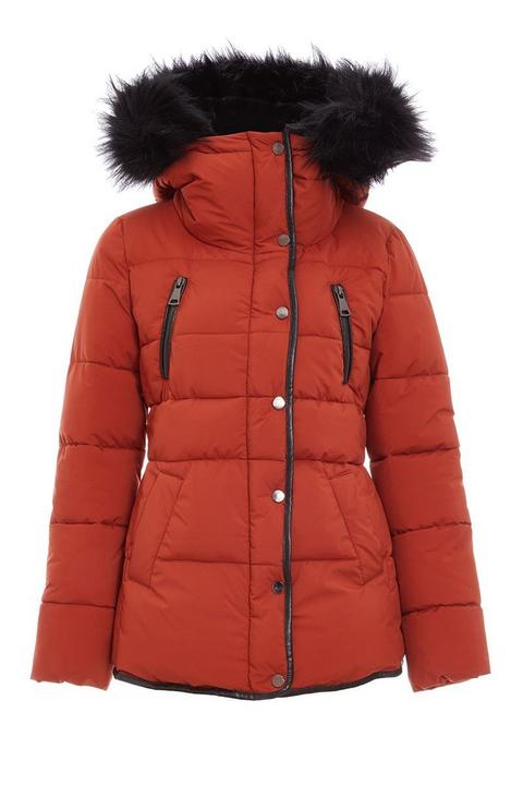 Black Padded Faux Fur Trim Jacket 