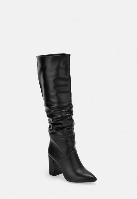 Black Faux Leather Ruched Knee High 