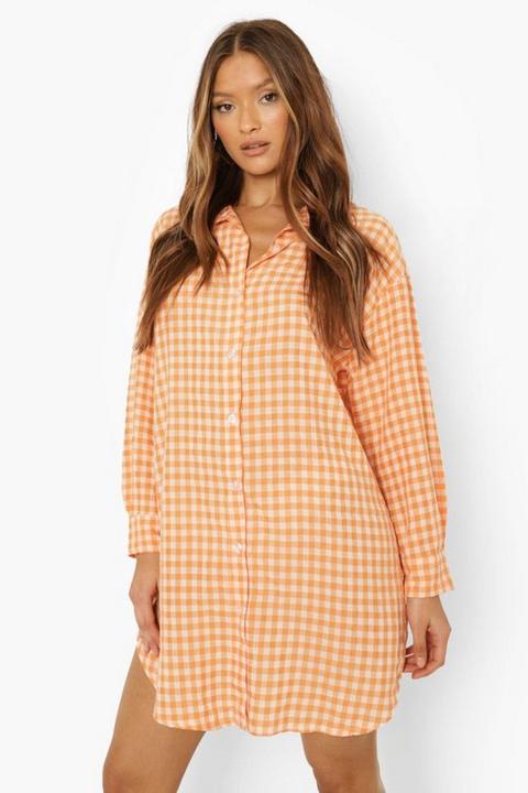 Robe Chemise Oversize À Motif Vichy - Orange - 38, Orange