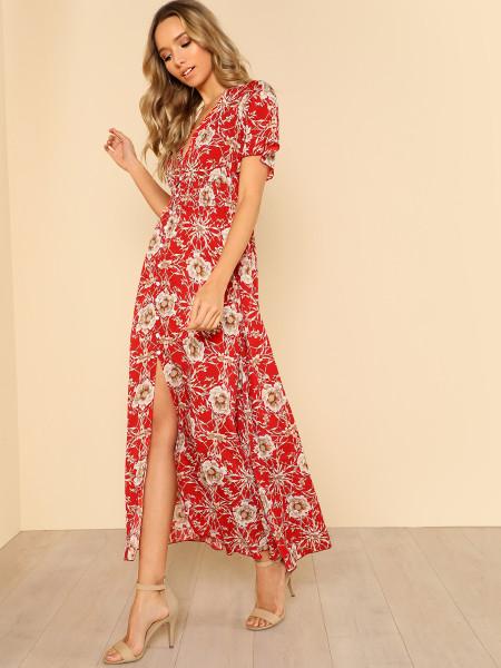 Vestido Maxi Floral Con Cintura Fruncida