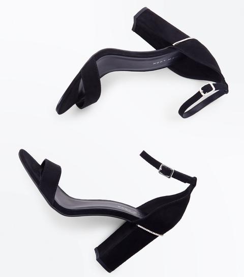 Black Suedette Diamanté Trim Block Heels New Look