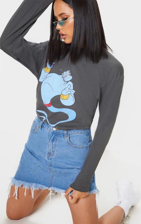 Charcoal Grey Disney Genie Print Oversized Long Sleeve T Shirt