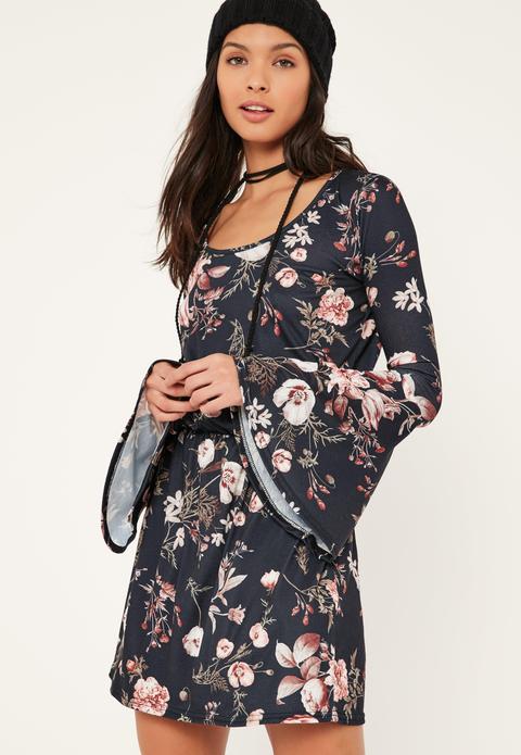 Navy Flute Sleeve Floral Printed Skater Dress