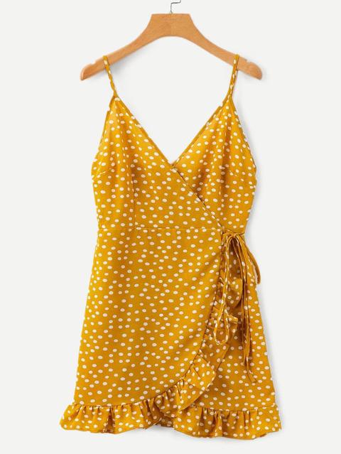 Vestido De Tirante Cruzado De Lunares Bajo Fruncido