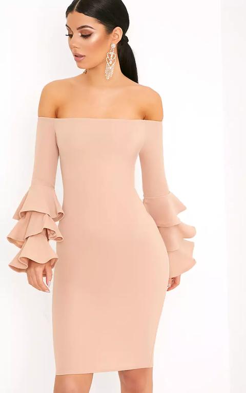 Aniaa Nude Bardot Ruffle Sleeve Midi Dress, Pink