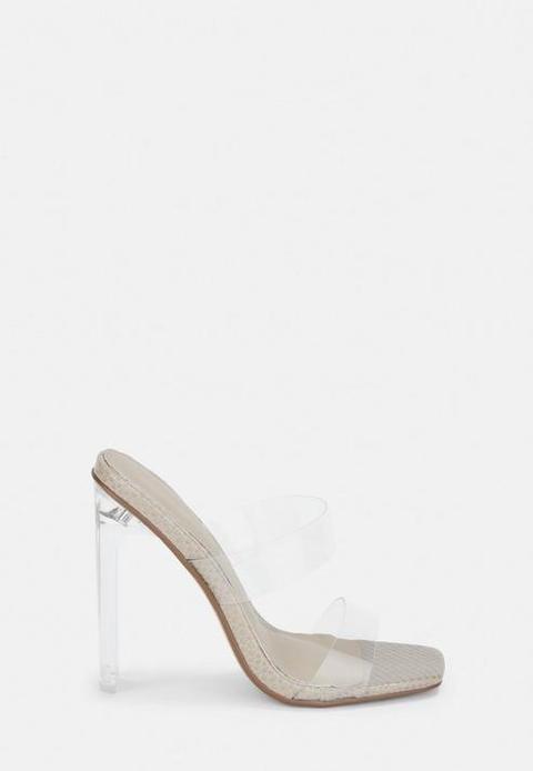 Taupe Snake Print Double Strap Clear Illusion Heels, Stone