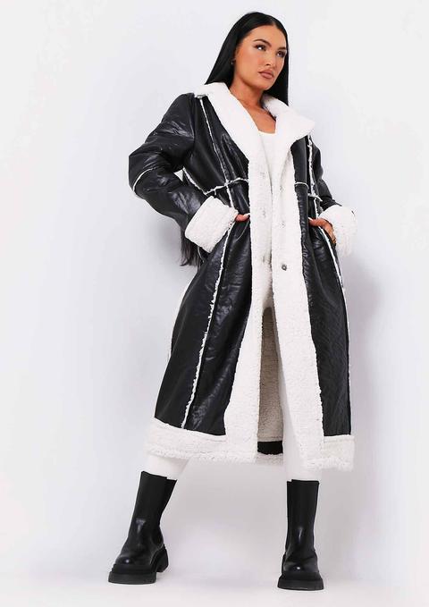 Dominique Black Long Pu Aviator Coat