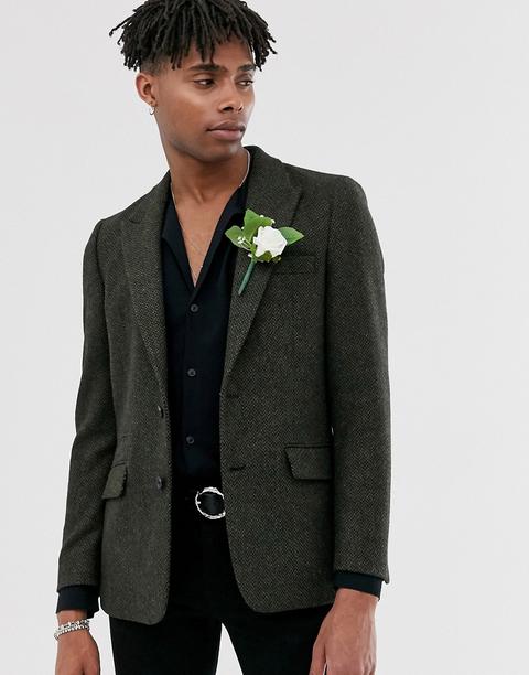 Asos Design - Blazer De Mariage Ajusté En Laine Et Tweed - Vert Kaki