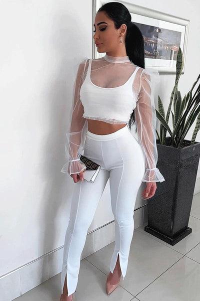 White Split Front Flared Trousers - Florie
