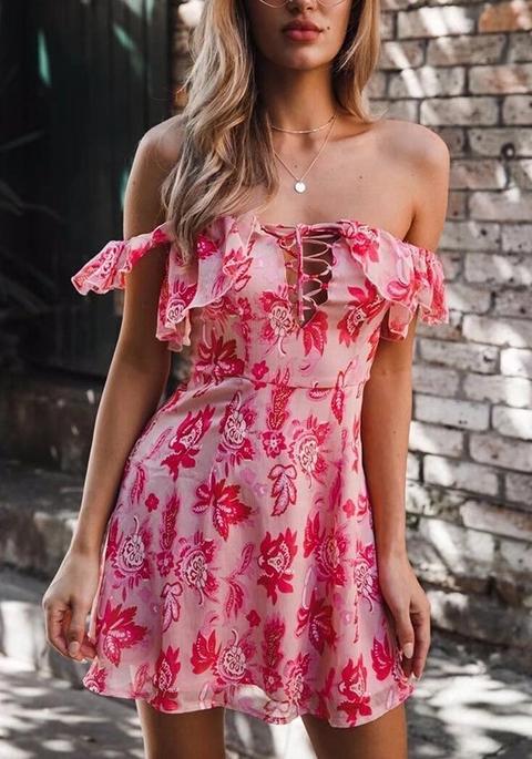 Pink Floral Ruffle Drawstring Boat Neck Sweet Mini Dress