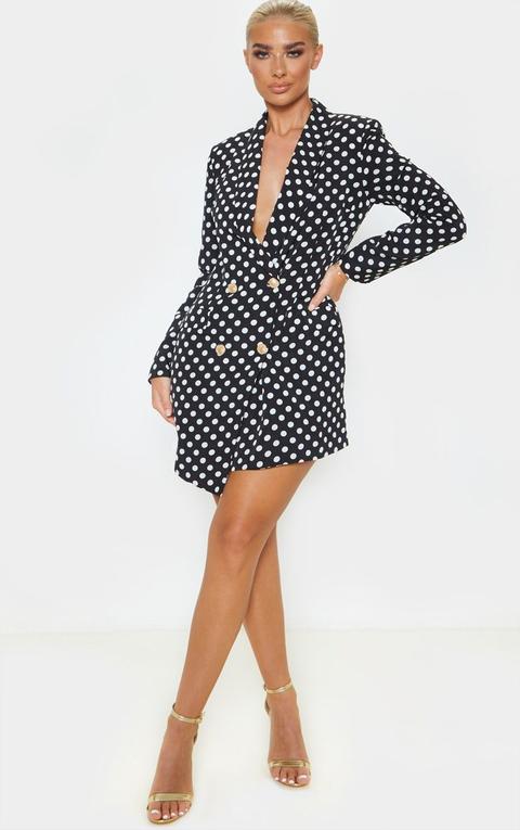 Robe Blazer Noire À Pois Et Boutons Dorés, Noir