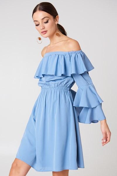 Na-kd Boho Off Shoulder Ruffle Mini Dress - Blue