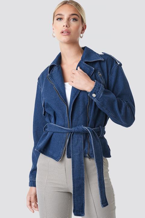 Dropped Shoulder Denim Biker Jacket Blue