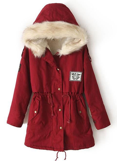 Zipper Embellished Fleece Inside Military Red Coat