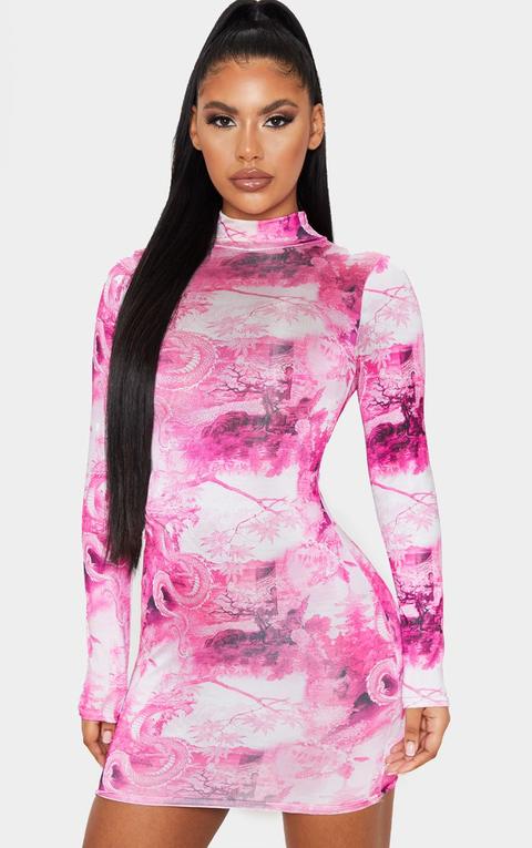 Hot Pink Dragon Print Slinky High Neck Long Sleeve Bodycon Dress
