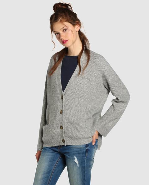 Chaqueta De Punto De Mujer Gris Con Bolsillos