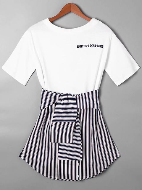 Vestito Increspato In Cotone A Righe Con Cintura A Righe