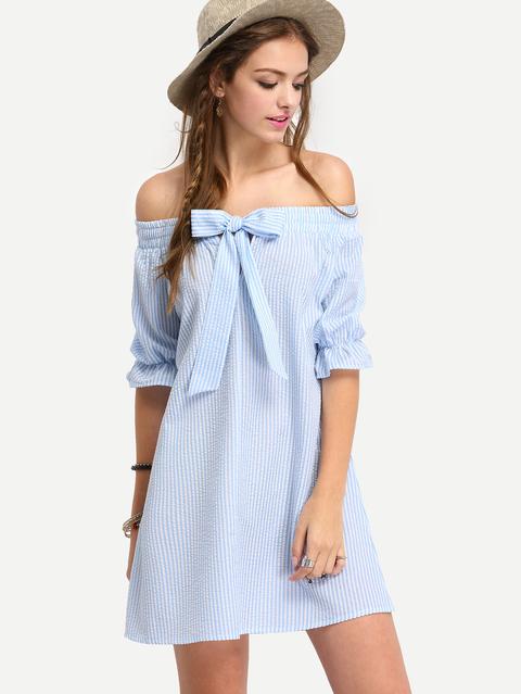 Vestido Hombro Al Aire Rayas Lazo Holgado -azul