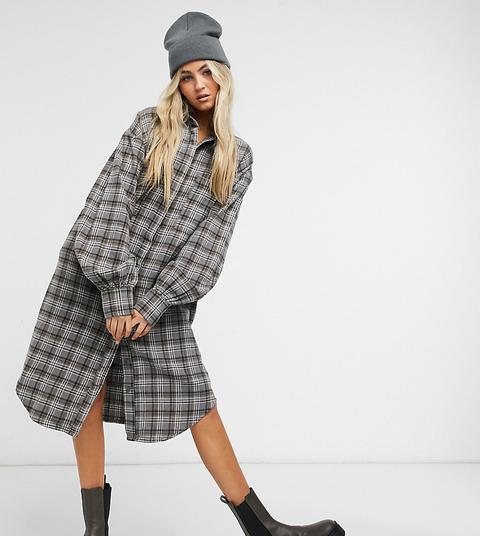 Collusion Longline Brushed Check Shirt Dress In Grey-brown