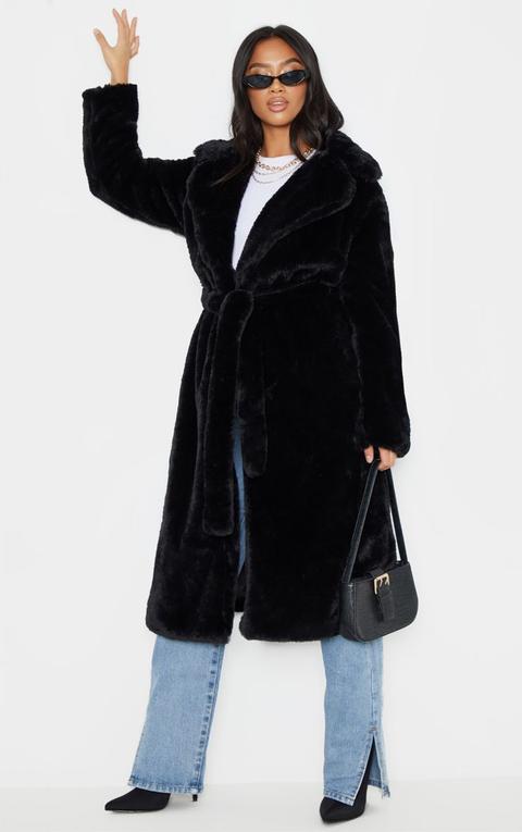 Petite Black Belted Faux Fur Coat