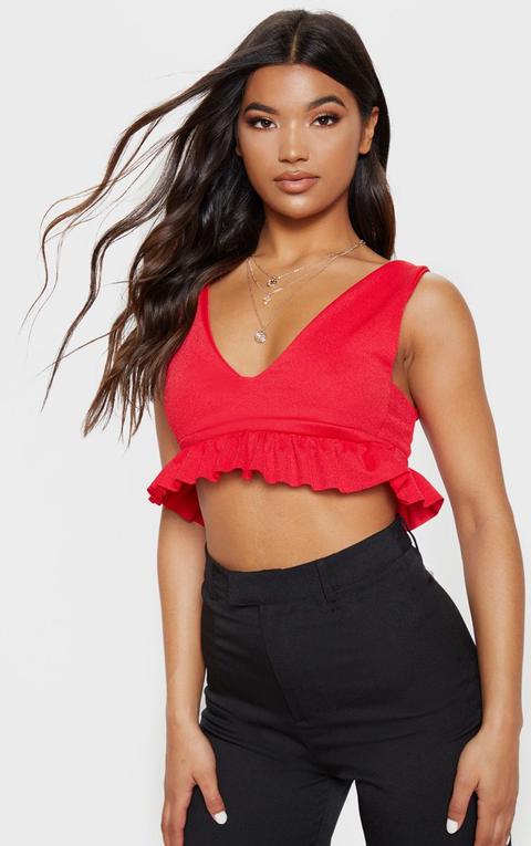 Red Frill Hem Plunge Crop Top, Red