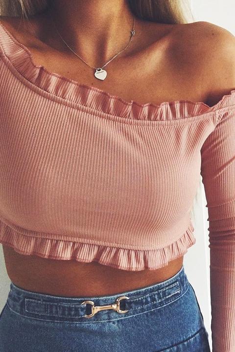 Nude Ribbed Frill Bardot Crop Top - Cassidy