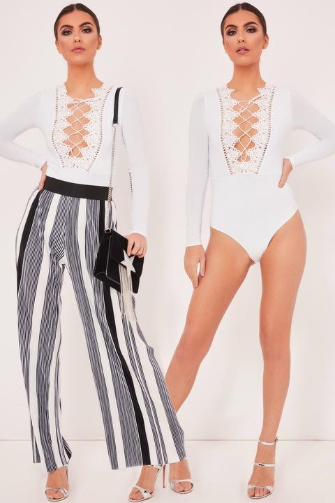 Riley White Lace Up Front Slinky Bodysuit