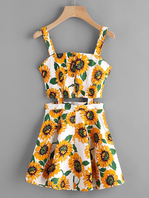 Sunflower Print Random Single Breasted Cut Out Dress