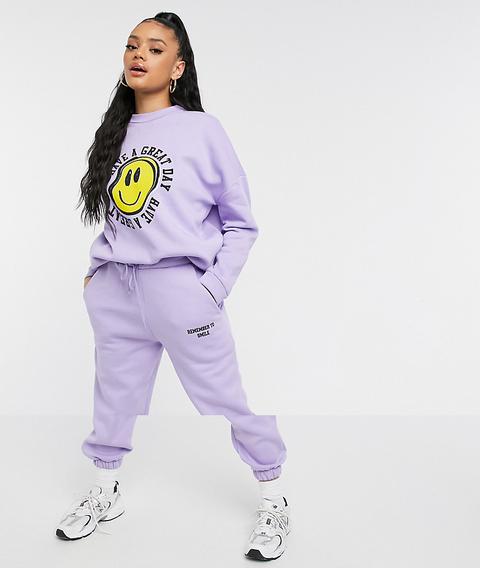 Asos Design Hourglass Tracksuit Oversized Sweat / Oversized Jogger With Happy Face Graphic In Lilac-purple