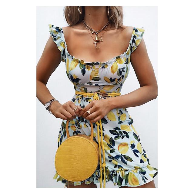 Blue Lemon Print Ruffle Summer Dress ...