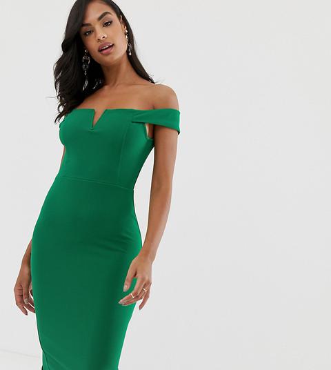 Scarlet Rocks Bardot Midi Pencil Dress In Green