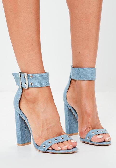 Blue Double Eyelet Strap Block Heeled Sandals