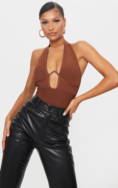 Chocolate Bandage Rib V-wire Halterneck Bodysuit