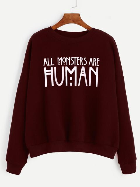 Burgundy Slogan Print Drop Shoulder Sweatshirt