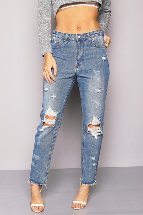 Blue High Waisted Ripped & Raw Hem Boyfriend Jeans